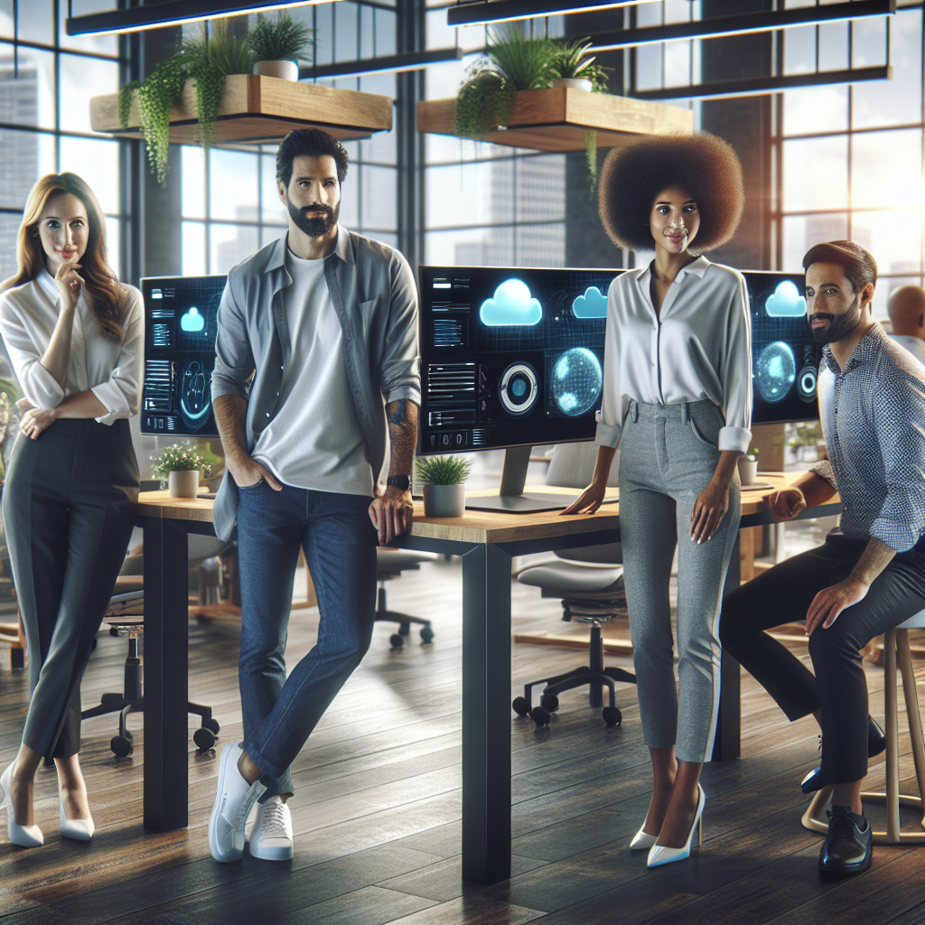 Diverse team of technology consultants collaborating in modern office